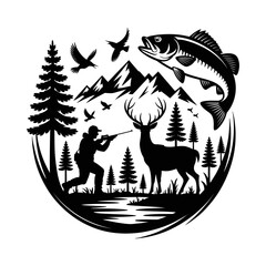 Outdoor wildlife silhouette vector with hunter aiming at deer, jumping fish, flying birds, pine trees, and mountain landscape, nature adventure, hunting and fishing design, forest scene illustration