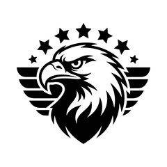 Obraz premium Eagle head emblem silhouette vector with wings and stars, patriotic bird of prey design, majestic eagle graphic, strong wildlife symbol, powerful nature illustration, bold eagle logo art
