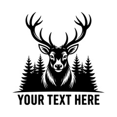 Fototapeta premium Majestic deer head silhouette vector with large antlers and pine tree forest background, customizable text area, wildlife nature design, hunting emblem, rustic outdoor adventure illustration