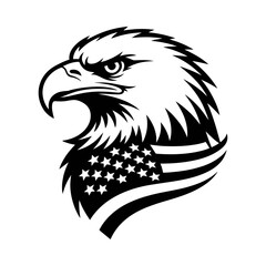 Naklejka premium American Bald Eagle Head Silhouette Vector with USA Flag Elements, Patriotic Eagle Vector Illustration, Fierce National Bird Symbol, Black and White Tattoo Style Design, United States Freedom Icon Art