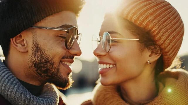 Close up of two people, woman smiling with glasses, man looking at her, sunlight, love, happiness, couple, fall.