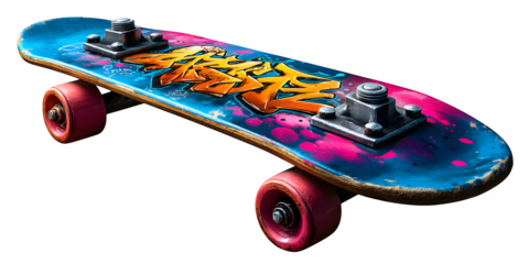 A skateboard with graffiti design and worn wheels, isolated on transparent background