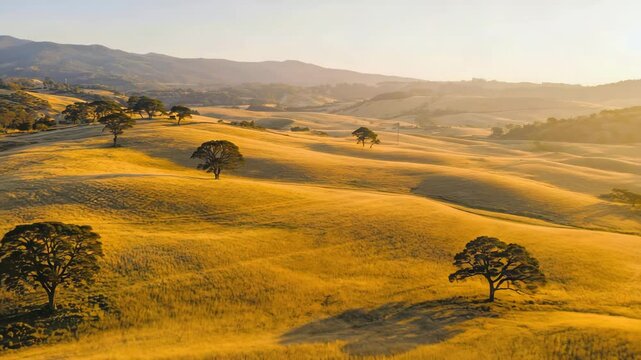 a serene landscape featuring a solitary tree standing on a rolling green hill under a vast sky, with distant hills visible in the background.