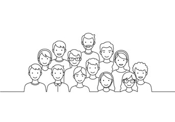 A line drawing of a diverse group of people smiling and looking forward in a simple illustration style