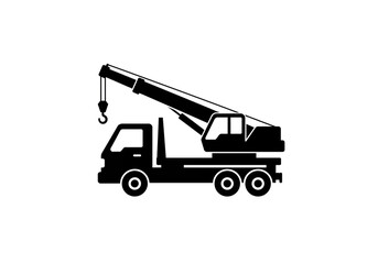 A black silhouette of a crane truck with a hook on a white background in a simple vector style