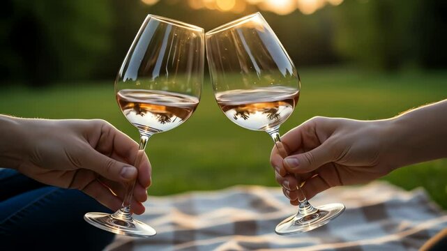 Close-up of two hands clinking wine glasses with rose-colored liquid, illuminated by golden sunlight against blurred outdoor background
