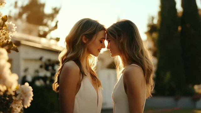 Bride and bridesmaid sharing an emotional moment outside the wedding venue, delicate flowers catching sunlight
