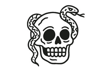 Skull with snake illustration featuring bold lines and contrasting colors, popular in tattoo art and graphic design