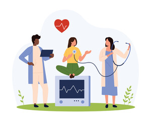 Heart health check in hospital, cardiology vector illustration. Cartoon tiny people research rhythm of heartbeat and pulse with stethoscope and electrocardiogram for cardiovascular diagnosis on exam