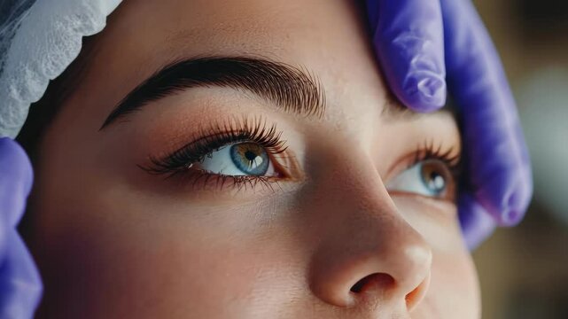 Close-up of woman receiving eyebrow shaping procedure, beauty treatment, cosmetics. Professional shaping eyebrows, cosmetology, beauty salon, facial care.