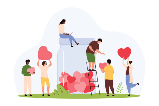Charity social campaign, generous support and care of international community. Tiny people collect hearts in donation jar, volunteers give love and help, share kindness cartoon vector illustration