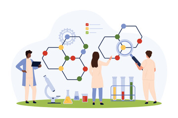 Chemistry research, theory and laboratory experiment vector illustration. Cartoon tiny people looking through magnifying glass at chemical molecule of substance, cells and bonds of atoms in model