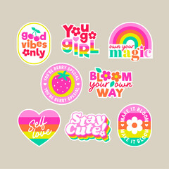 Set of positive thinking concept stickers design. Encourage quotes lettering for girls with cute elements.