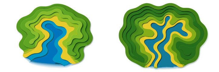 Colorful layered landscape design featuring river and lush greenery in a modern artistic style