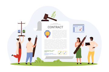Sign contract or agreement, business deal document approval and license. Tiny people hold pens to write on long paper sheet, work with legal form or official letter cartoon vector illustration