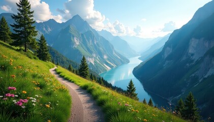 Elevated trail with stunning Oeschinensee panorama , blue, sun, alpine scenery