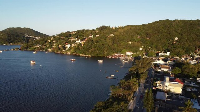 4K Drone Push Forward Over Lagoa da Concei&ccedil;&atilde;o at Sunset in Florian&oacute;polis, Brazil