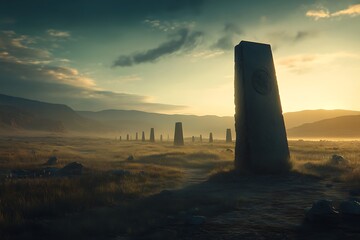 Explore the Mystical Dawn of Ancient Monoliths in a Vast Expansive Landscape with Atmospheric Sunrise and Serene Silhouette