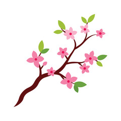 Simple vector graphic of flowering cherry blossom branch with green leaves