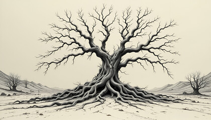 Monochrome drawing of a stark tree with tangled roots and contorted limbs, evoking desolation in a dry, lifeless environment.
