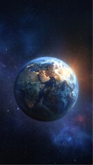 Naklejka premium Planet earth as seen from space, with city lights illuminating the continents and celestial background