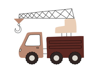 Cute Construction Crane Vehicle Clipart for Kids. Crane truck illustration in brown and beige tones featuring a boom arm with hook and rugged wheels in a flat vector style