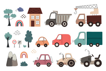 Collection of  vehicles and landscape elements including cars, trucks, trees, houses, signs, and rainbows in a flat vector style with soft earthy colors