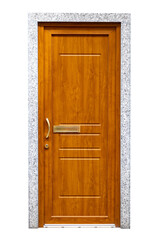 Modern Wooden Front Door with Brass Hardware and Stone Frame,  isolated, transparent background, png