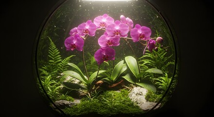 Rare species of orchids in a glass terrarium.
