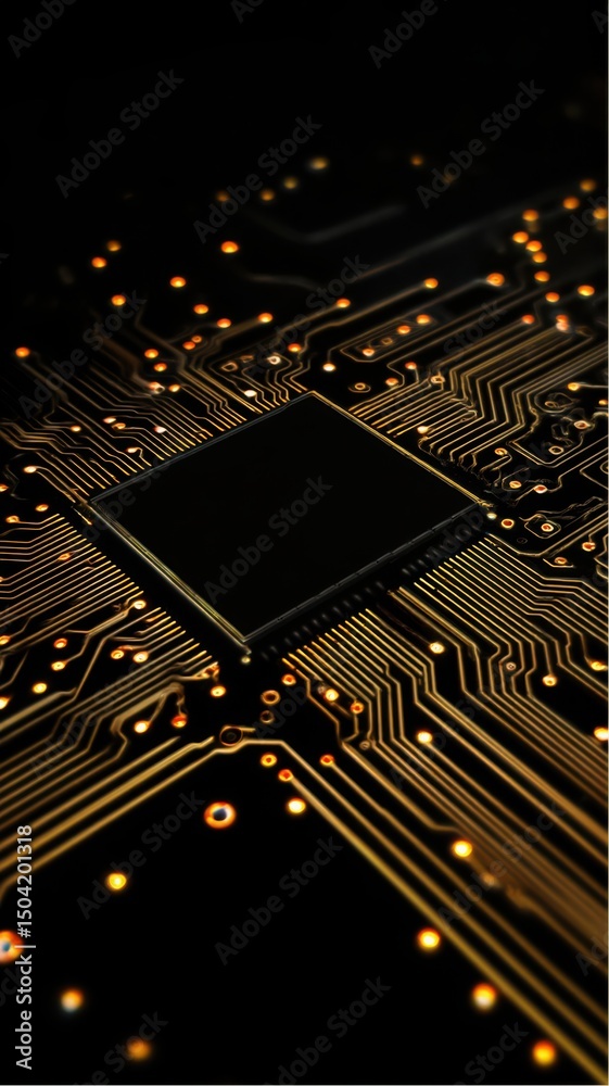 Poster close up of central processing unit on computer motherboard in dark setting