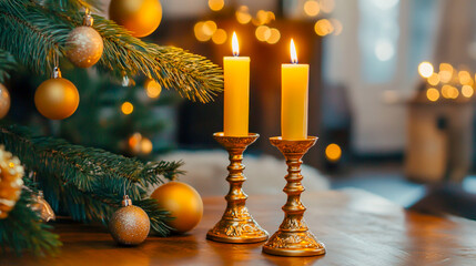 Golden candlesticks with burning yellow candles, elegant home decor setting creating peaceful and warm atmosphere