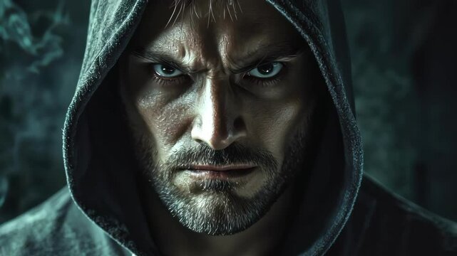 Intense portrait of hooded man with piercing stare, beard, dark mood, and smoke. Concept of mystery, danger.