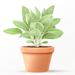 Obraz premium Lush green sage plant growing in ceramic pot on natural wooden surface, aromatic herb for cooking and herbal use isolated on white background