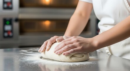 Professional baker kneading fresh bread dough in commercial kitchen bakery setting