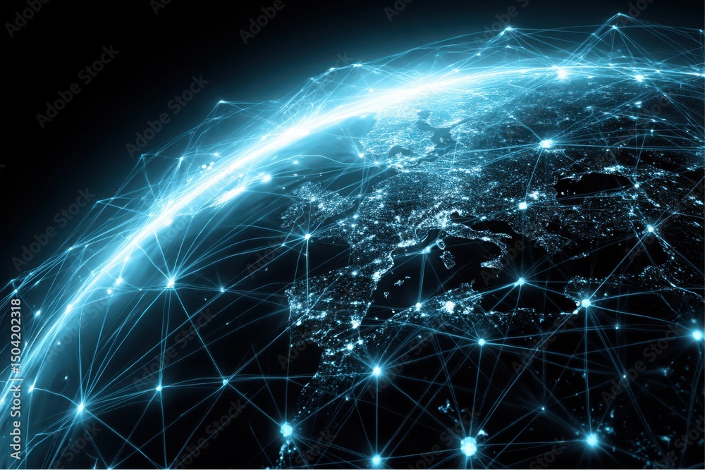 Poster planet earth is displayed with connecting glowing lines showing data network coverage