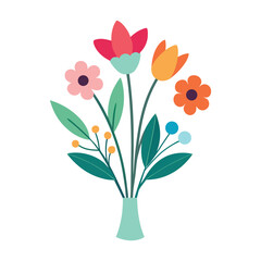 Colorful floral bouquet in vase flat vector illustration on white background