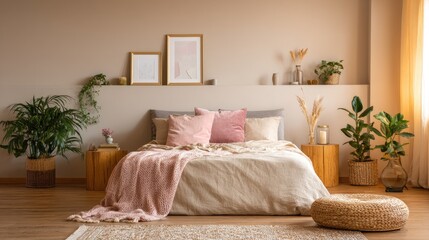 A minimalist bedroom with a pink and green pastel color scheme