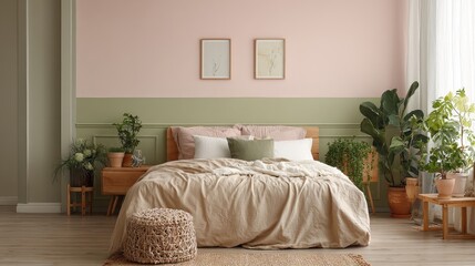 A minimalist bedroom with a pink and green pastel color scheme