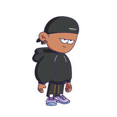 Cartoon-style character illustration with a bored or tired expression.