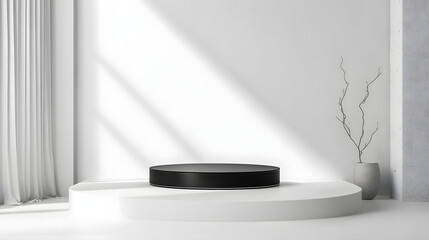 Elegant white and black podium for product display with minimalist design and shadow effects
