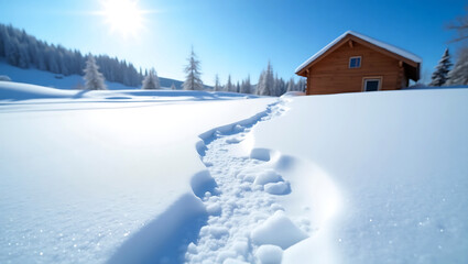 Tranquil Winter Landscape with Snow Patterns and Sunlit Cabin Roof Under Clear Blue Sky