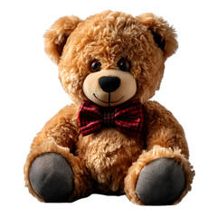 Obraz premium A teddy bear with a bowtie and stitched eyes, isolated on transparent background