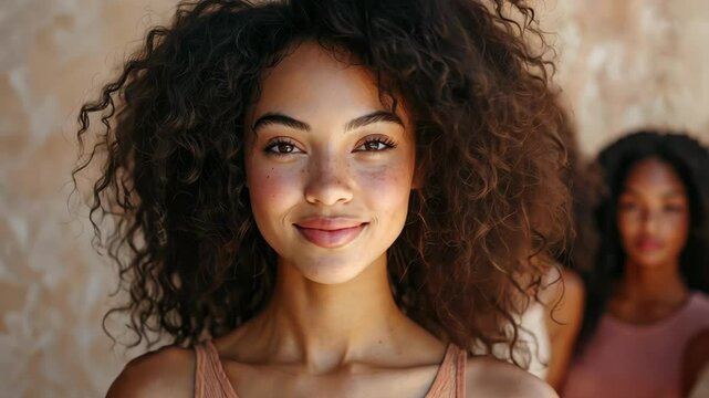Portrait of confident young African woman with curly hair, group of people, beauty.