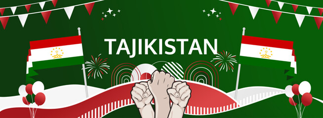 Tajikistan Independence Day modern greeting banner. 9 September Happy National Day. Festive horizontal background in flag colors, great for carnival poster, tourism campaign, holiday flash sale