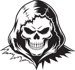 Fototapeta premium Grim Reaper Skull silhouette in Hood – Dark Gothic Skull Vector Illustration | Stylized Grim Reaper Skull Illustration in Hooded Cloak on White Background