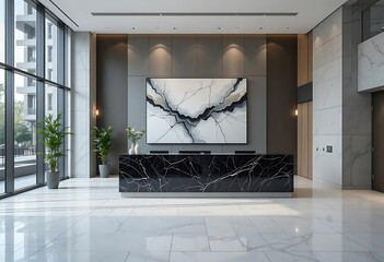 Modern lobby design with marble reception desk and minimalist art for office and apartment buildings