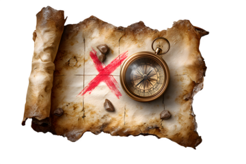 A treasure map with red X mark and compass rose, isolated on transparent background