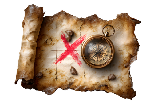 A treasure map with red X mark and compass rose, isolated on transparent background