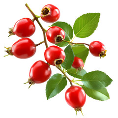 Red Rosehips on Branch with Green Leaves isolated on transparent background