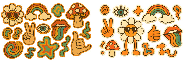 Vibrant collection of retro-style stickers featuring plants, rainbows, and playful characters